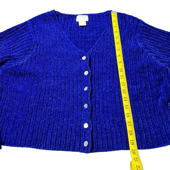 Moda Int'l Women's Blue Button Front Cropped Ribbed Cardigan Sweater Large - Picture 2 of 8